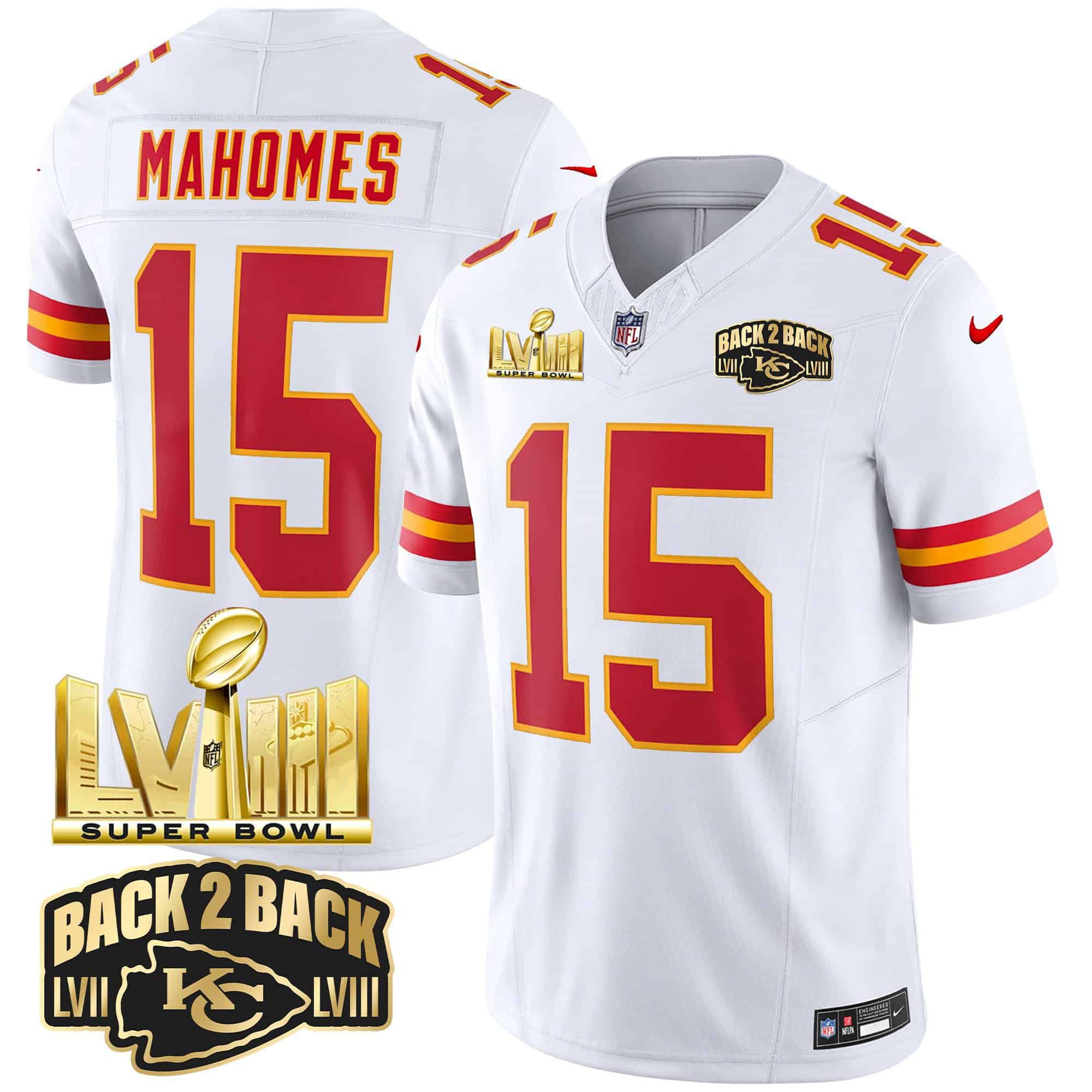 Men Kansas City Chiefs #15 Mahomes White 2024 Nike Super Bowl LVIII & Back-2-Back Gold Patch Vapor NFL Jersey->indianapolis colts->NFL Jersey